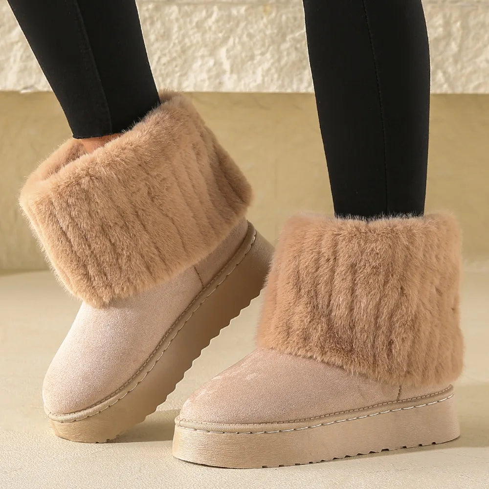 Shoes Women Winter Women's Boots Black Round Toe Solid Flock Plush