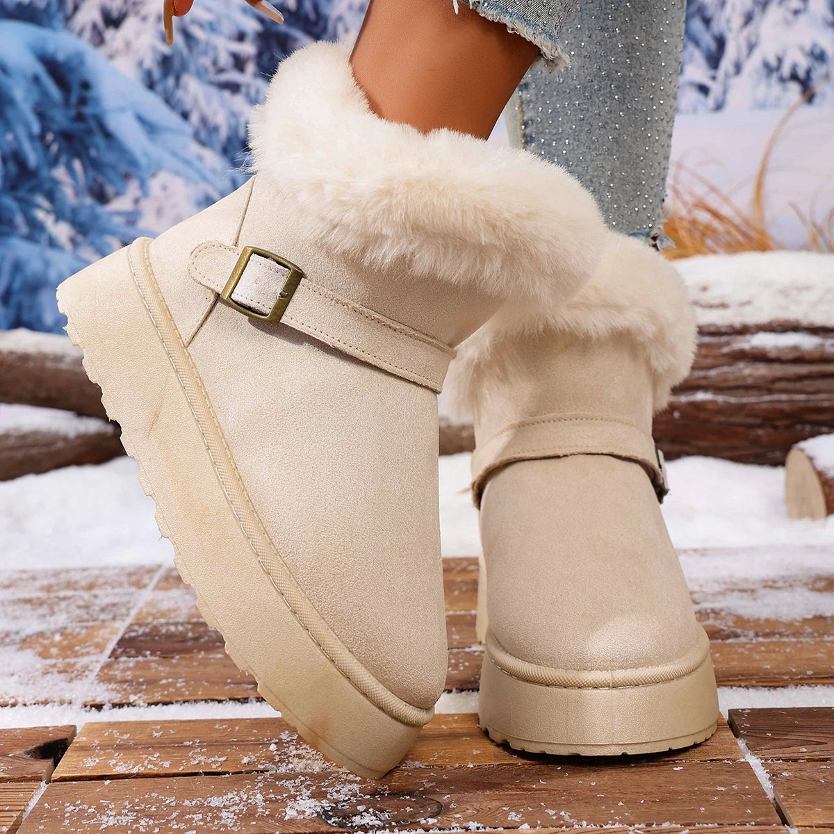 Women Ankle Boots 2025 New Comfortable Luxury Flat Snow Boots Women Winter Outdoor Thickened Fluff Women Shoes Zapatos De Mujer Zpaxo Beige 36