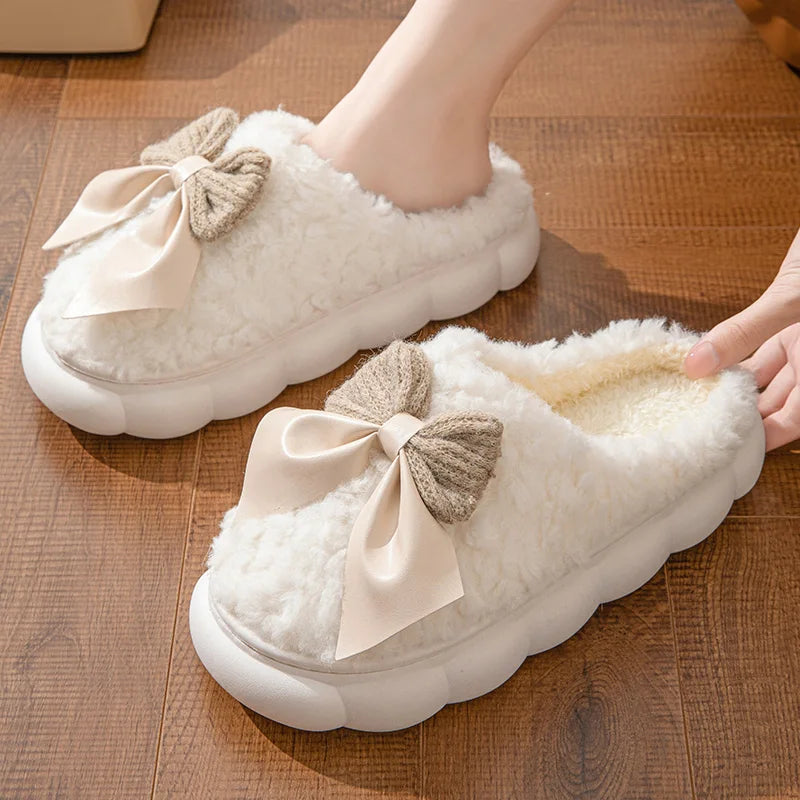 Winter Warm Fur Slippers Women Cute Bow House Non Slip Soft Shoes Zpaxo white 40-41