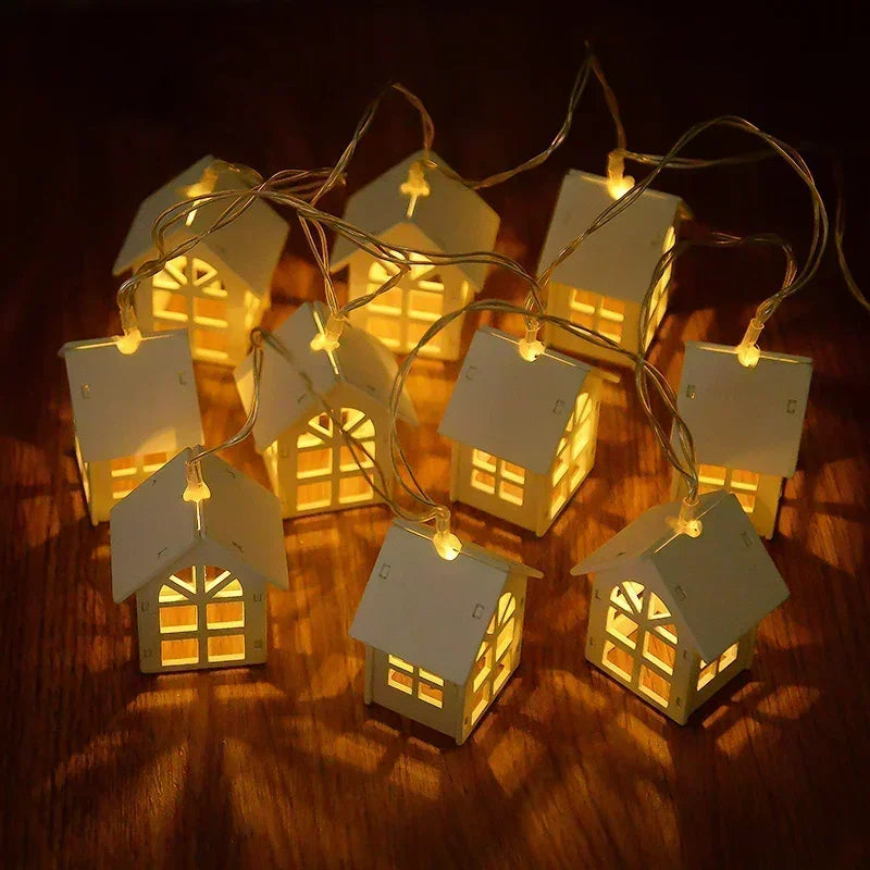 10LED 2M Christmas Wooden House LED Fairy Light String Home Hanging Garland Xmas Tree Ornaments Decoration Lamp 2025 New Year Zpaxo