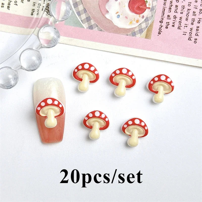 20pcs 3D Cartoon Small Mushroom Nail Charms Sweet Cute Mini Resin Nail Art Decorations DIY Manicure Hairpin Tools Accessorie Zpaxo Red-20pcs