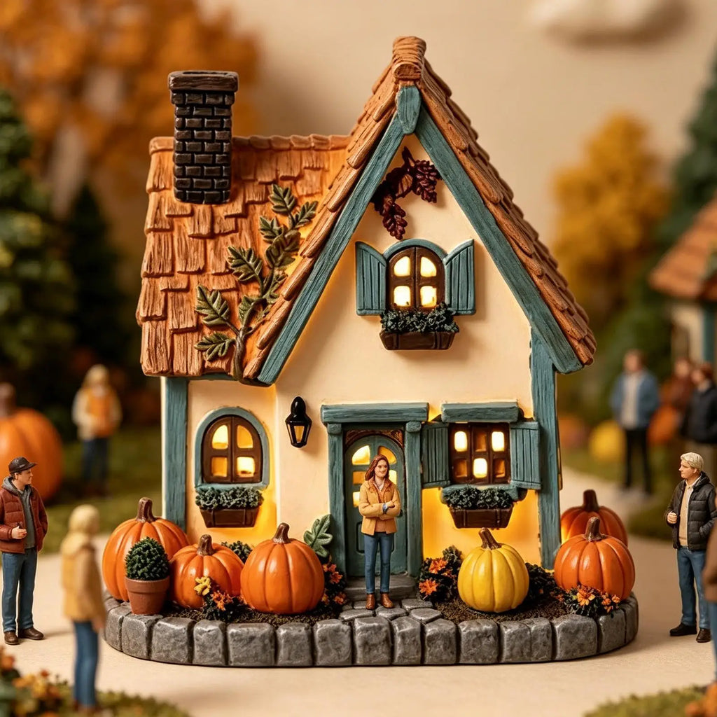 Pumpkin House Statue Decor Battery Powered Lighted Tabletop Centerpiece Festival Pumpkin House Statue for Home Apartment Office Zpaxo