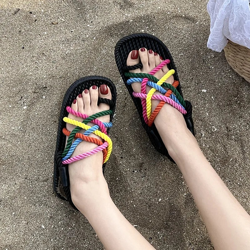 2026 Summer Women's Hemp Rope Woven Sandals Roman Rainbow Bohemian Zpaxo