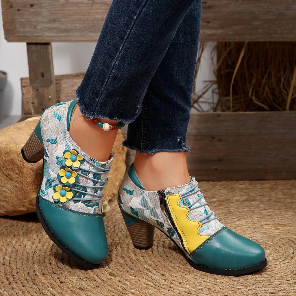2025 New Women Ankle Boots Autumn/Winter Retro Boots Women Mixed Colors Flower Side Zipper Women Shoes Printed High Heels Shoes Zpaxo