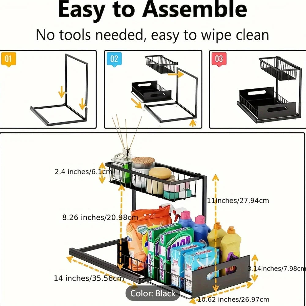 Double-Layer Pull-Out Under Sink Organizer Rack with 5 Hooks Under Sink Organizer Zpaxo