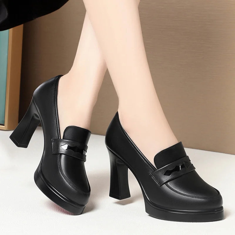Cheongsam Shoes Heels Work Women's Black Loafer Catwalk Leather Zpaxo HC9312 Black 9cm 34 China Mainland
