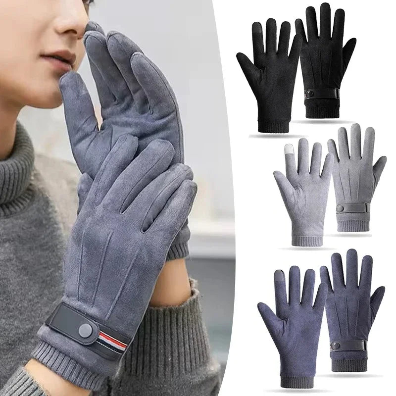 Men's Winter Windproof Warm Gloves Thickened Touch-Screen Suede Finger Gloves Outdoor Driving Buckle Ski Windproof Gloves Unisex Zpaxo