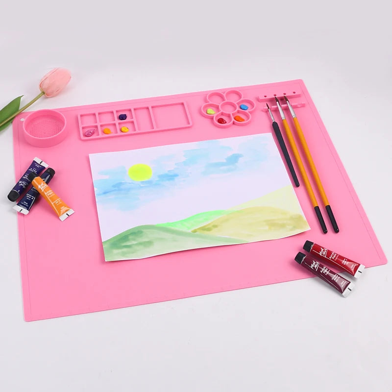 Silicone Painting Mat Kids Art Crafts Pads with Cup and Paint Brush Holder Palette DIY Handmade Mat Zpaxo