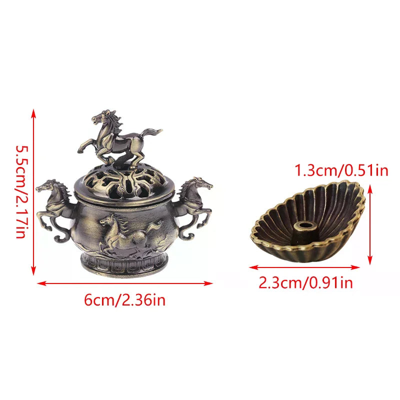 Vintage Alloy Incense Burner Horse Lucky Hollow Lotus Censer Seashell Zpaxo