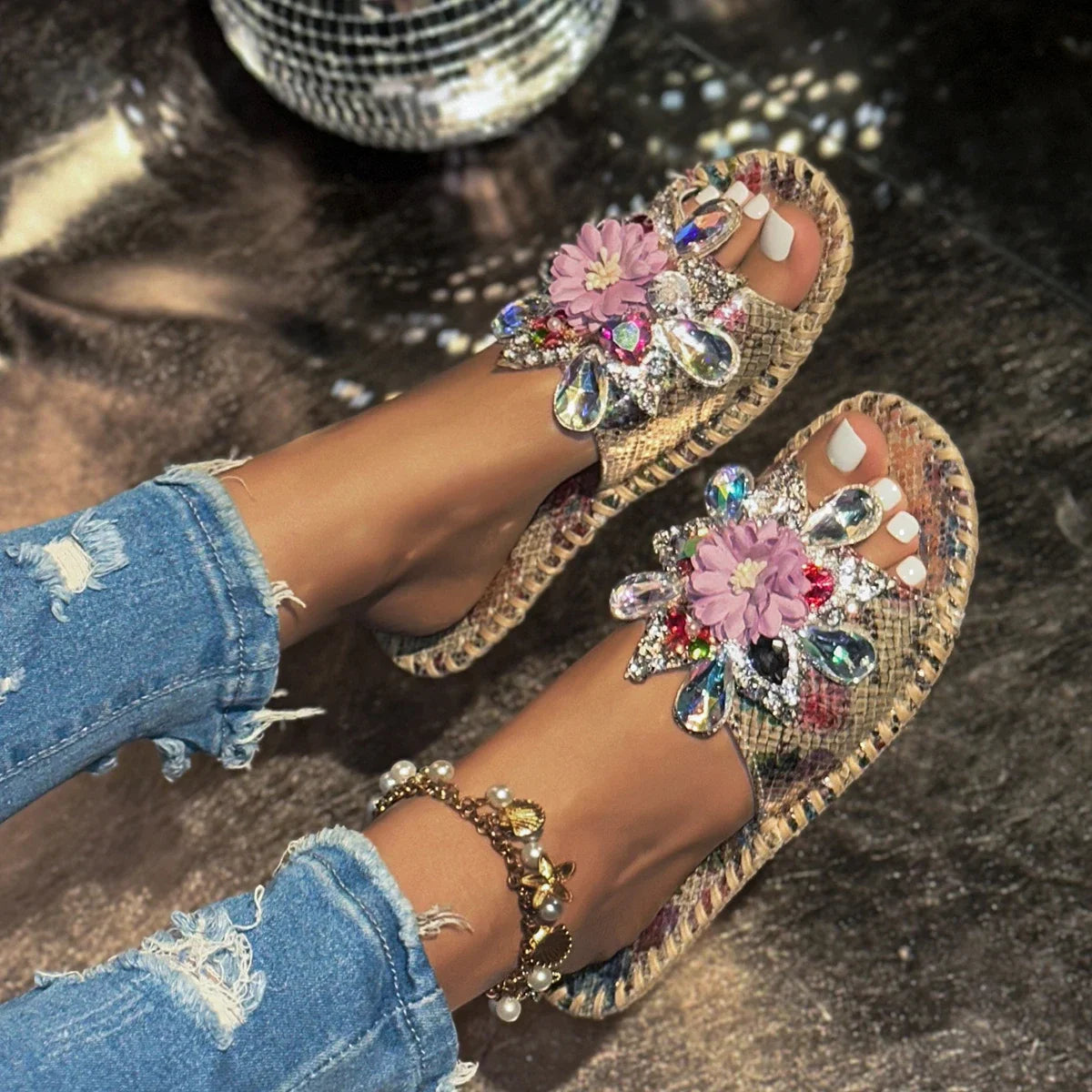 Women Slippers Outdoor Flats Bling Sandals Crystal Flower Summer Zpaxo Gold 39