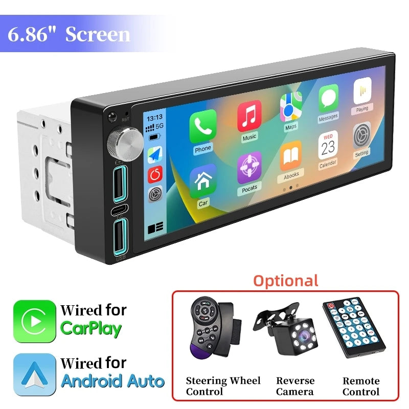 HIPPCRON Car Radio 1 Din Box Wired Carplay Android Auto Display