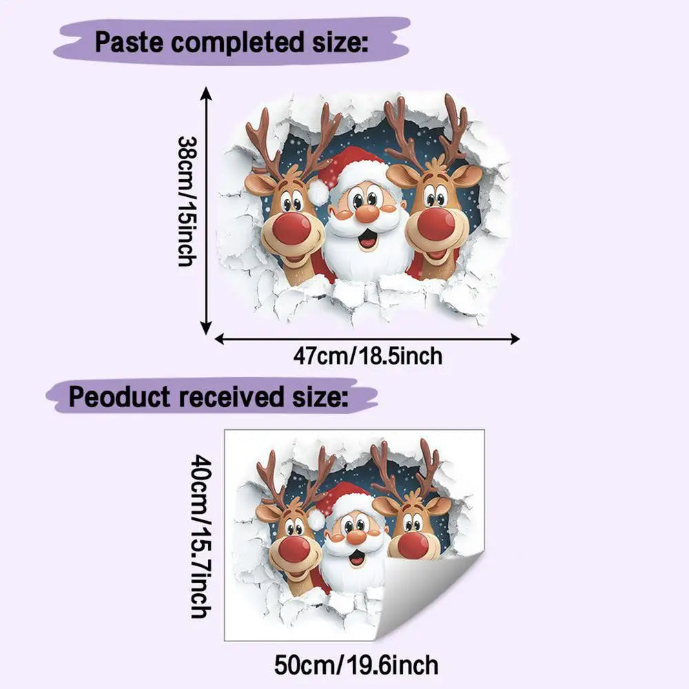 3D Effect Wall Decal Sticker Removable Breaking Santa Claus Reindeer