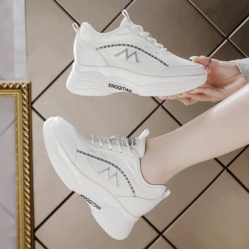 Mesh Platform Wedge Sneakers Women Colorful Glitter Lace Up Design Zpaxo