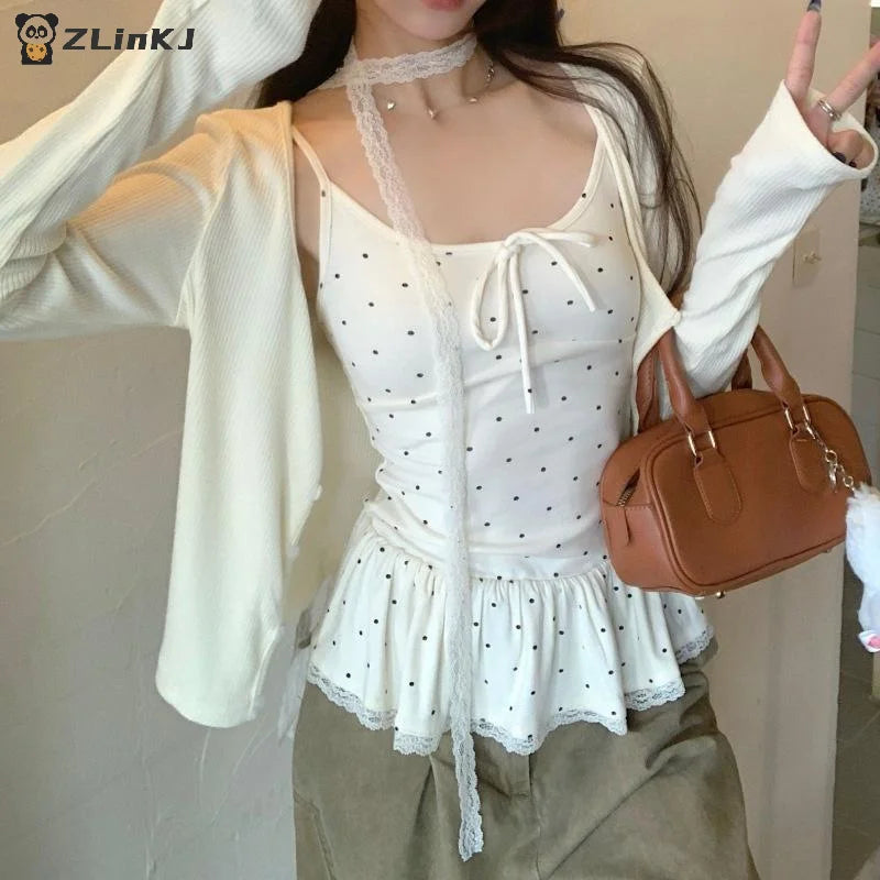 ▶Women Clothing Summer Fashion Casual Polka Dot Solid Color Sling Ladies Fashionable Appear Thin Slim Young Style Tops Zpaxo