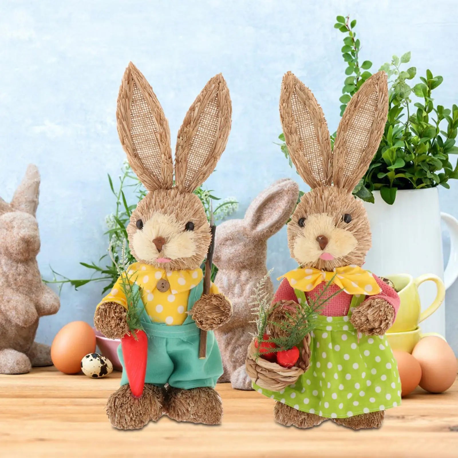 2x Artificial Straw Rabbit Souvenir Bunny Figurine Easter Straw Bunny Ornaments for Easter Holiday Party Household Decoration Zpaxo style A
