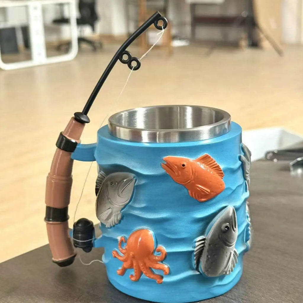 Fishing Coffee Mug Milk Drinkware 3D Embossed Tea Cup Rod Handle Men