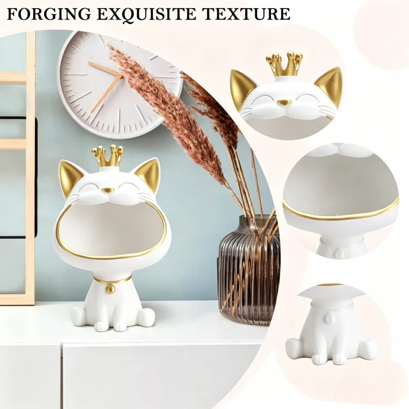 Cute Big-mouthed Crown Cat Resin Storage Sculpture Multifunctional