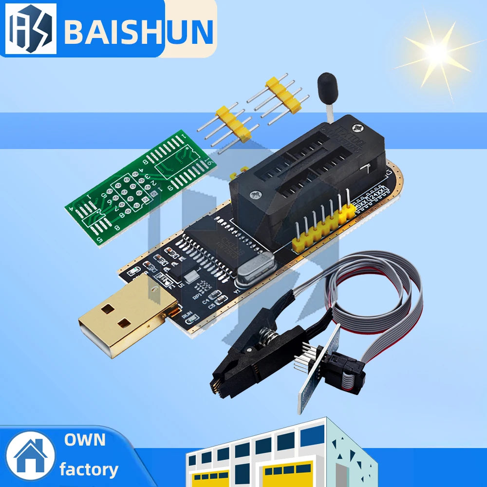‌CH341A USB EEPROM/BIOS Programmer Kit – Clip-On SOIC8/SOP8 Test Clip for 24CXX/25CXX/93CXX Series | 3.3V-5V Auto-Detect & 1.8V Zpaxo