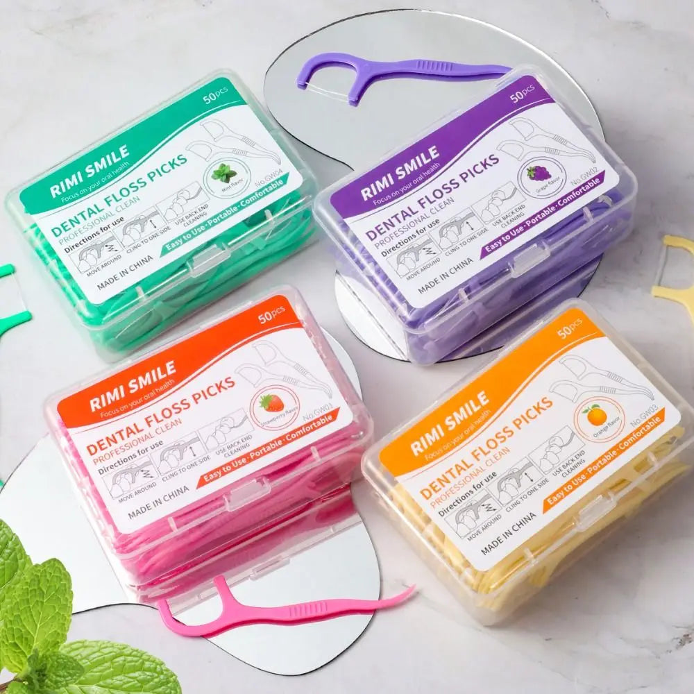 50 Sticks Box Dental Floss Stick 4 Flavors Disposable Fruit Flavored Zpaxo