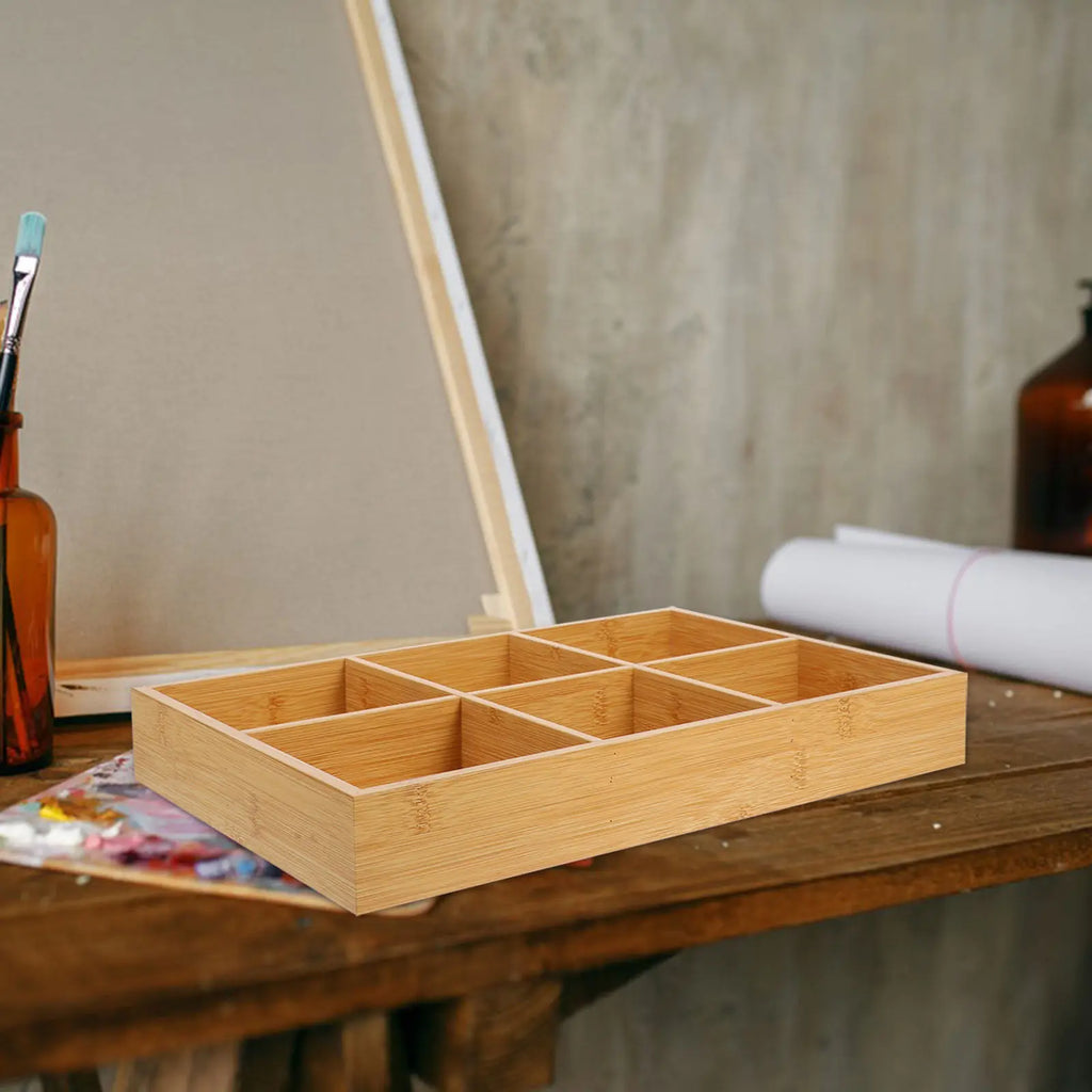 Bamboo Divided Tray 6 Section Grid Organizer Art Supplies Crayons