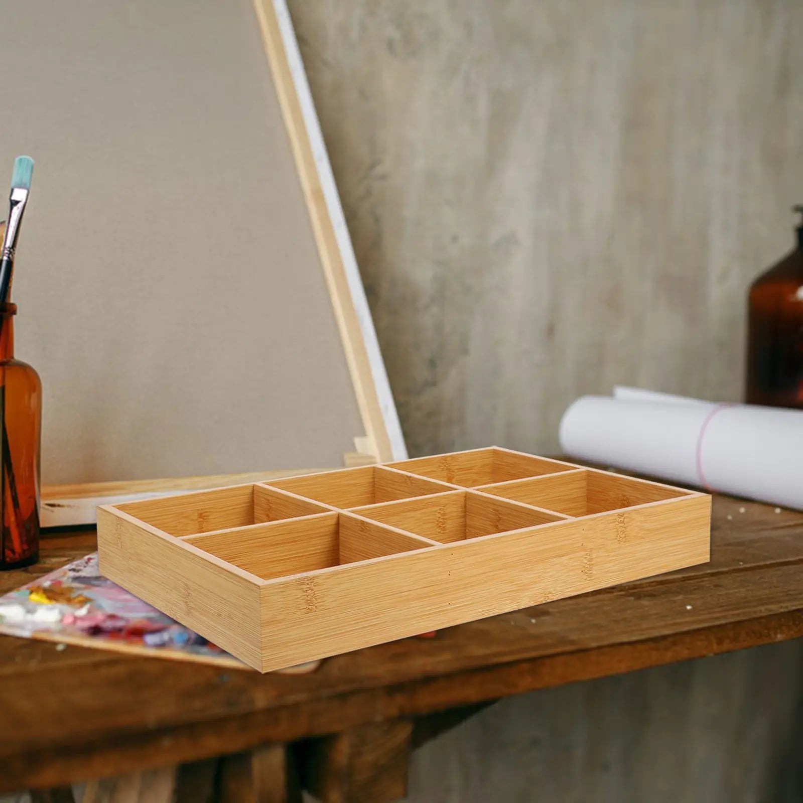Bamboo Divided Tray 6 Section Grid Organizer Art Supplies Crayons