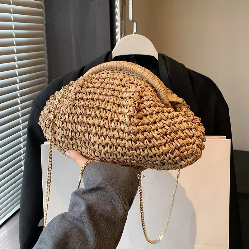 Summer New Straw Weaving Crossbody Bag Fashionable and Casual Shell Bag Women's Shoulder Bag with Excellent Texture Zpaxo Dark Khaki