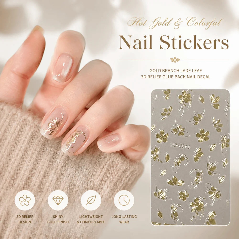 Gold Flower 3D Nail Sticker Adhesive Press on Nail Floral Relief Nail Sticker Lasting Flowers Nail Art Decal Nail Art Decoration Zpaxo