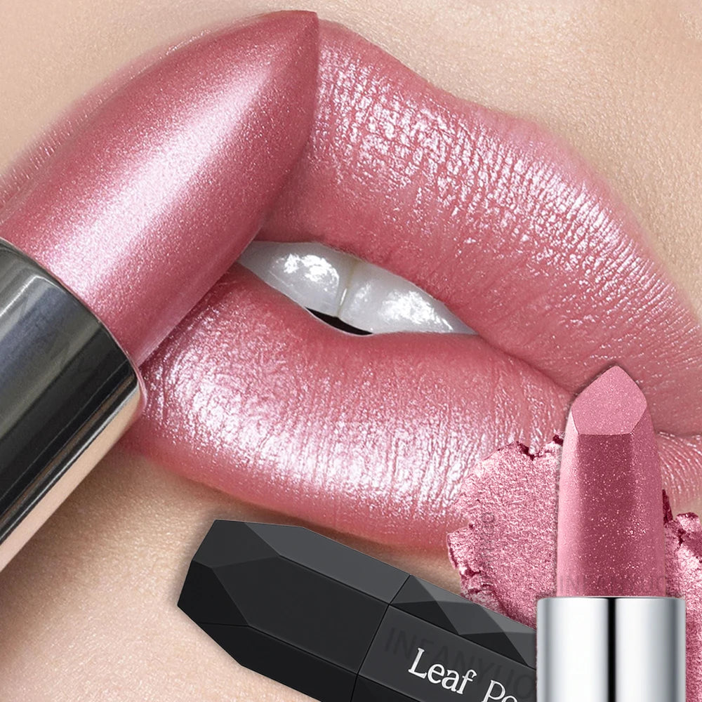 Pearlescent Lipstick Long-lasting Waterproof Pink Rosey Metallic Zpaxo
