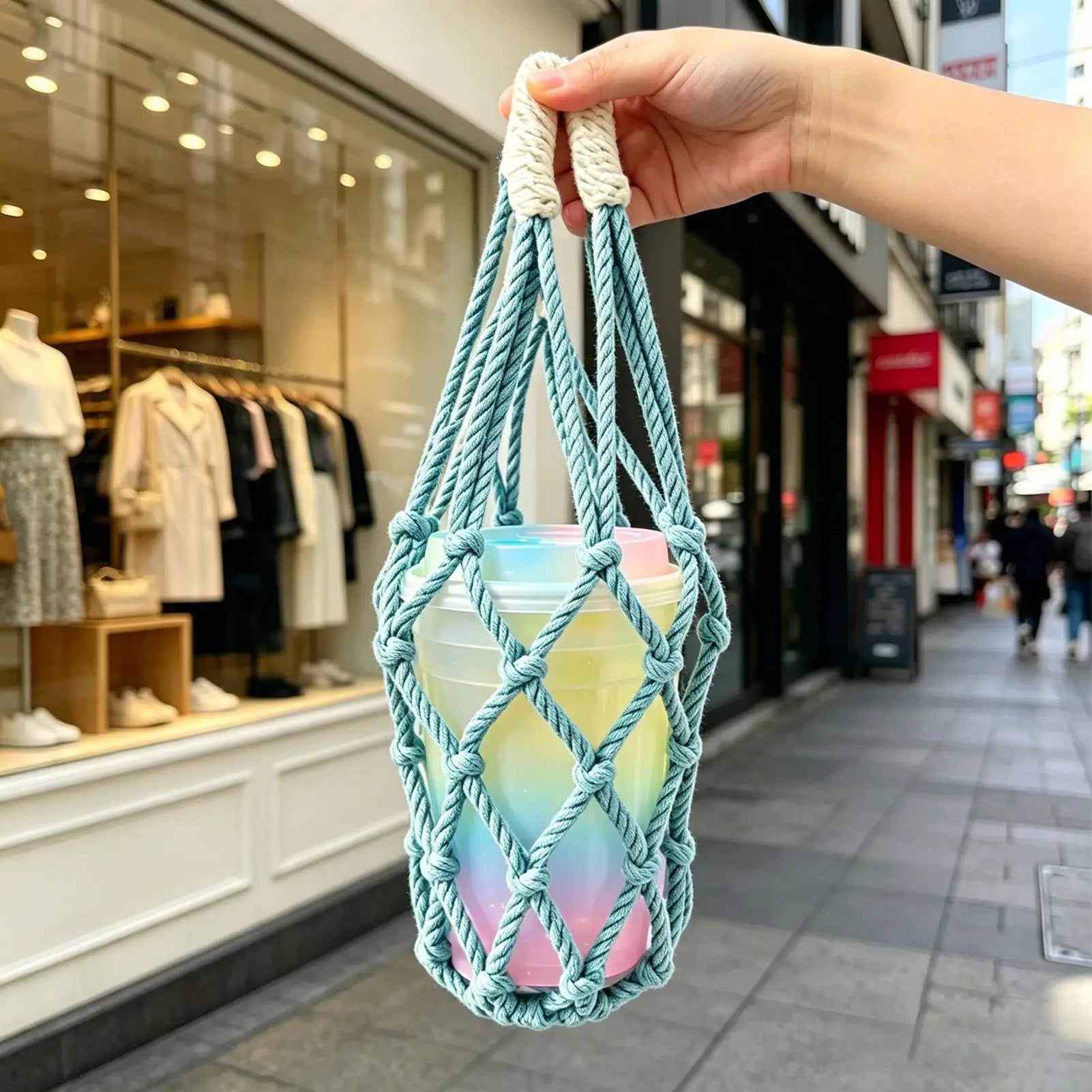 Handwoven Water Bottle Pouch Mesh Carrier Bag Reusable Holder Coffee