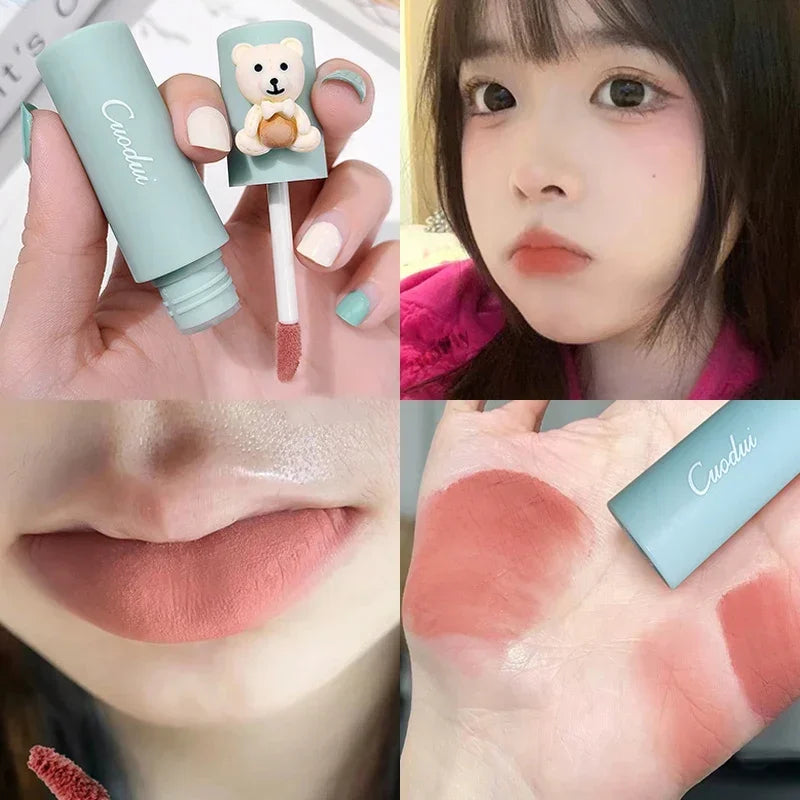 Girl's Velvet Matte Lipstick Blush Waterproof Long Lasting Cute Bear Lipgloss Non-Stick Cup Makeup Lip Tint Mud Cosmetic Makeup Zpaxo