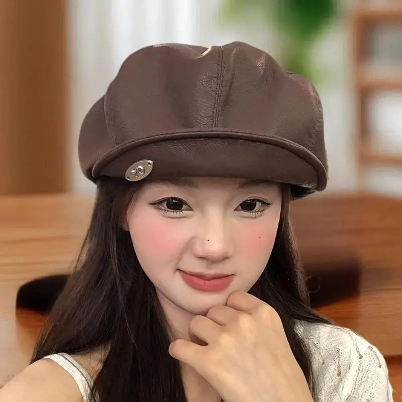 PU Leather Cute Cat Ear Berets Women Solid Casual Newsboy Cap Zpaxo