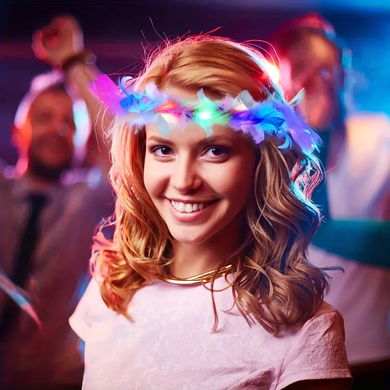 LED Feather Wreath Crown Headband Light Up Luminous Headdress Perfect