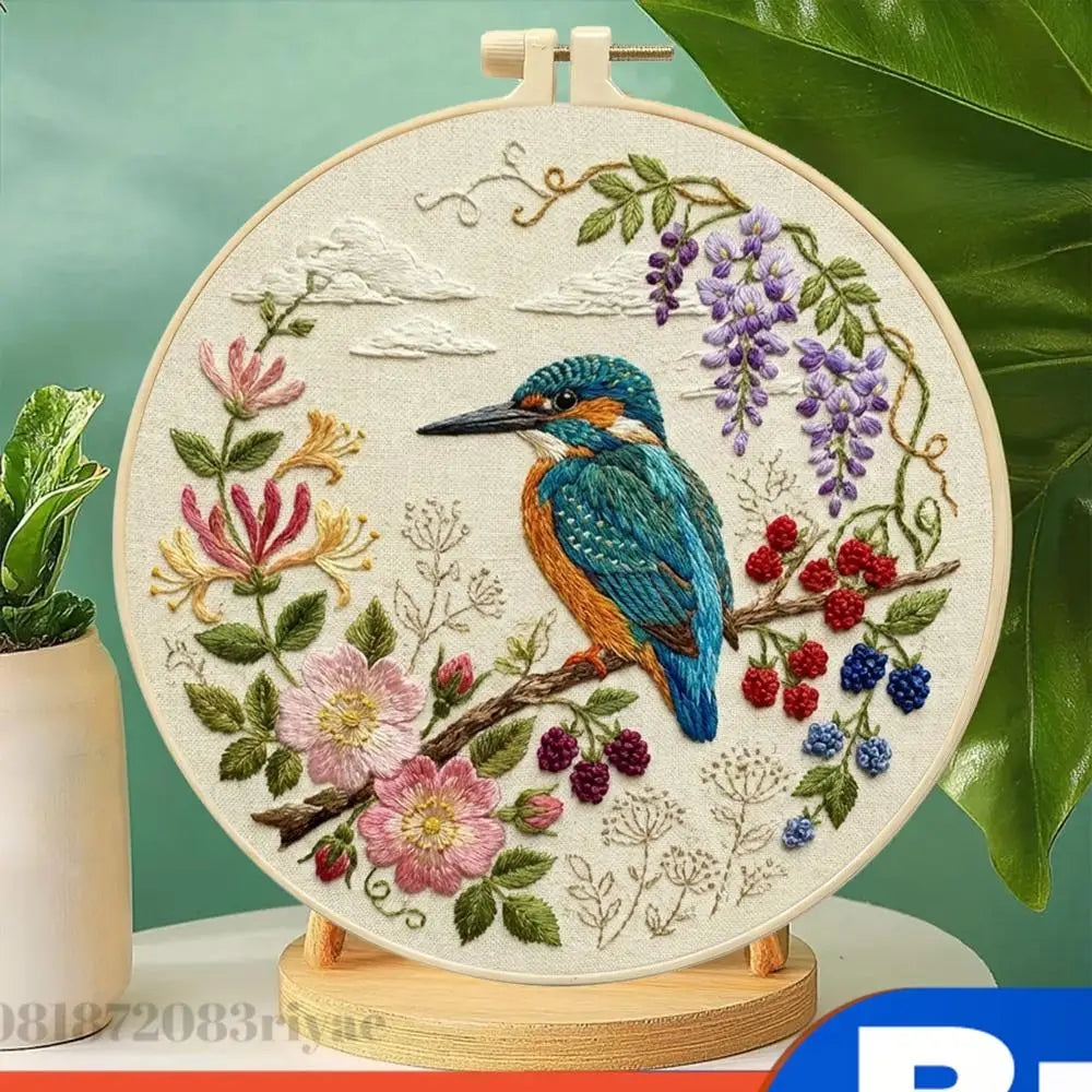 DIY Stamped Embroidery Hoop Birds Flowers Starter 30x30cm Beginners