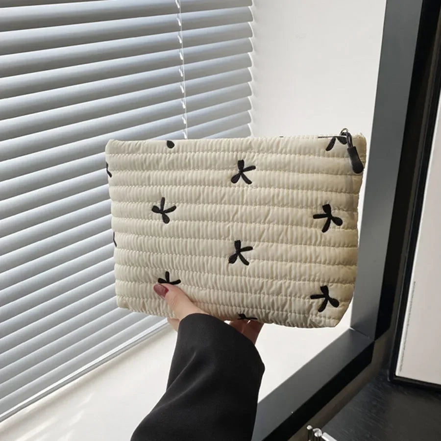Cute Makeup Bag with Zipper Large Capacity Cosmetic Bag Embroidery Bow Wash Storage Bag Zpaxo
