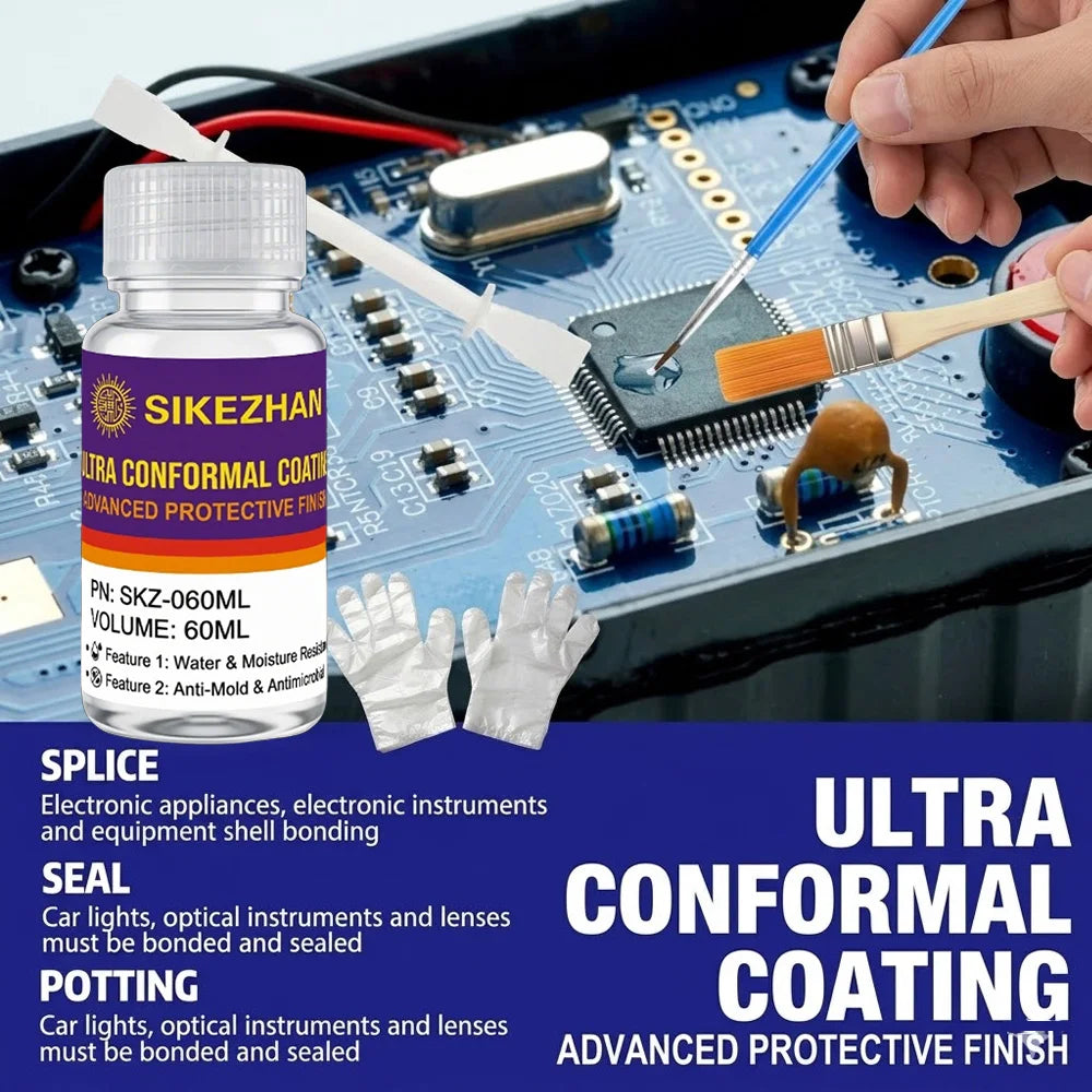 Ultra Conformal Coating 60ml, Professional Electronic Insulation Kit, Water Resistant Shield for PCB with Brush & Gloves Zpaxo