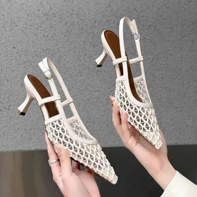 2026 Summer Fashion Hollow Breathable Mesh Pointed Toe Stiletto Heels Zpaxo Beige 42