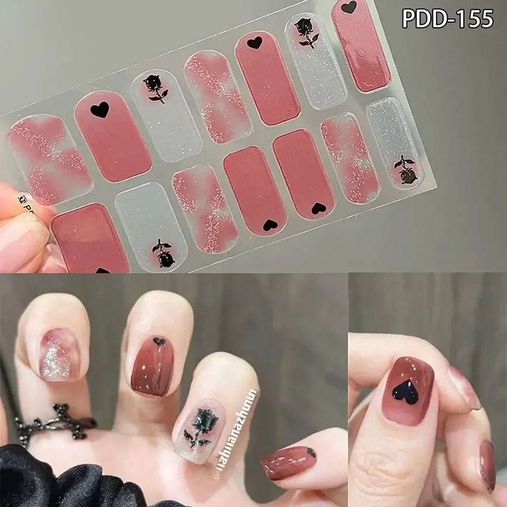 14Strips Gel Nail Stickers Full Cover Floristic Art Semi Cured Polish