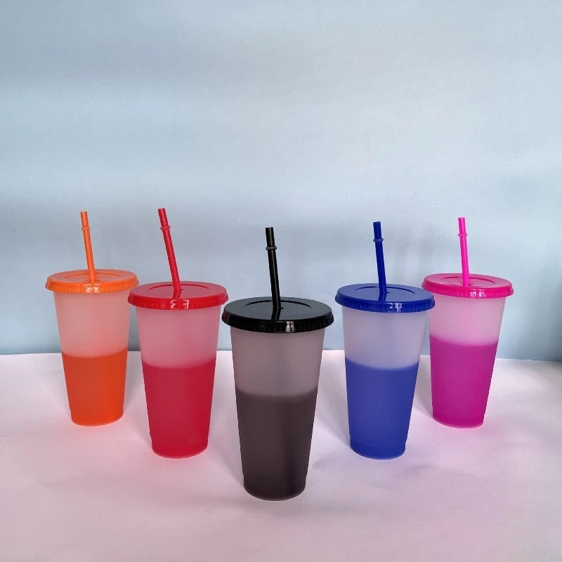Hot 710ML PP Temperature Sensitive Color Changing Plastic Cup 24oz Large Capacity Water Cup Single-layer Transparent Straw Cup Zpaxo