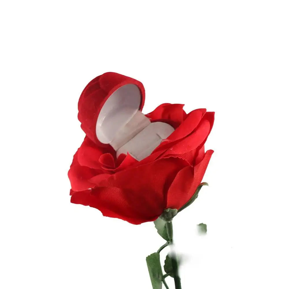 Red Flower Stem Ring Holder Velvet Jewelry Box Wedding Engagement