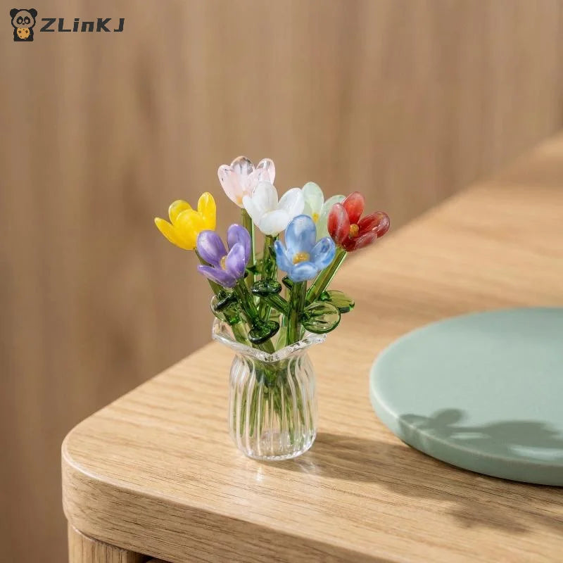 ▶Mini Lifelike Glass Flowers Simulation Flowers Handcrafted Floral Sculpture Floral Bouquet With Vase Dollhouse Decorative Model Zpaxo