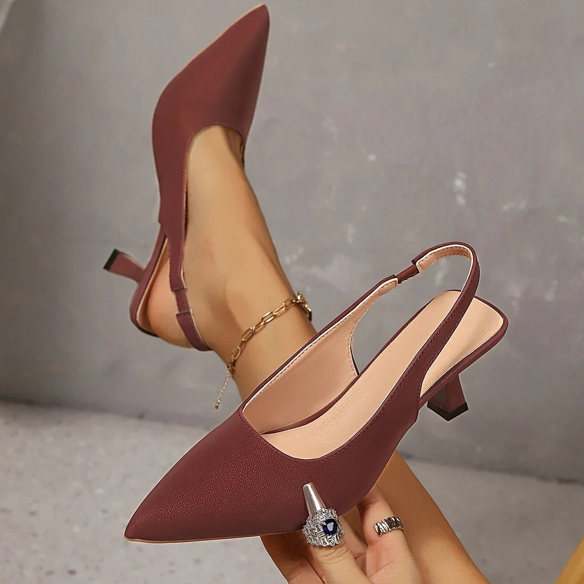 2025 Women Sandals Summer Heels Closed Toe Single Thin Mid-heeled Zpaxo wine red 35