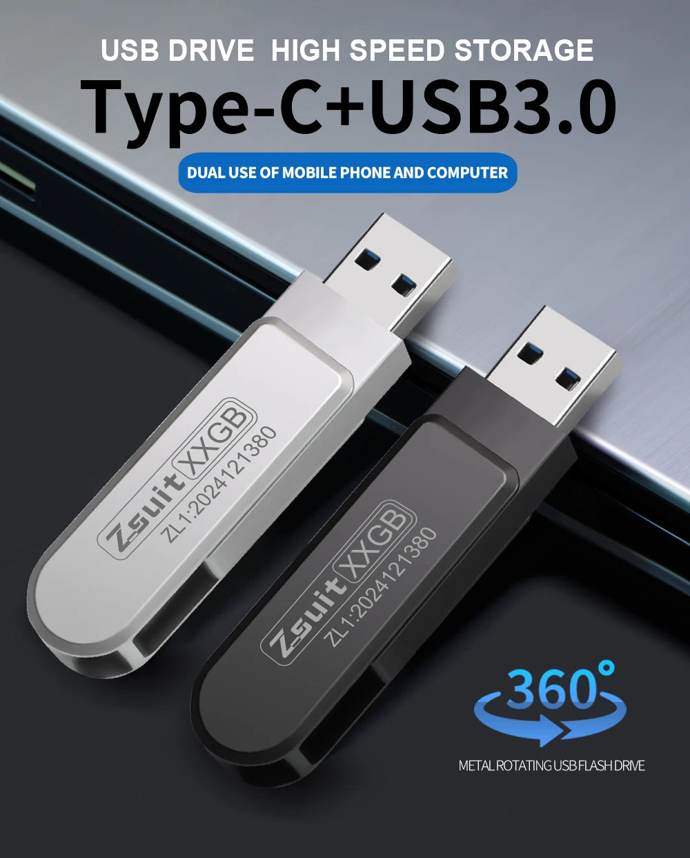 Zsuit USB Flash Drives Rotate USB-C Pendrive 64GB 128GB USB3.0 Type-C Pen Drives 2in 1 U Disk for iPhone Laptops Memory Stick Zpaxo