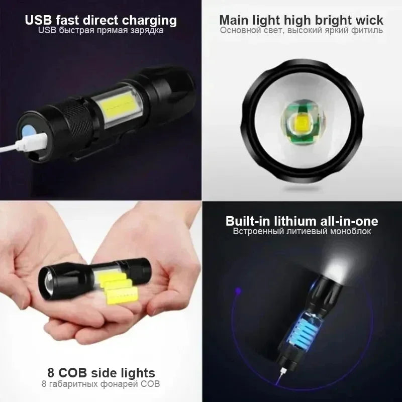 KDULIT Mini COB+XPE LED Torch – USB Rechargeable Zoomable Flashlight