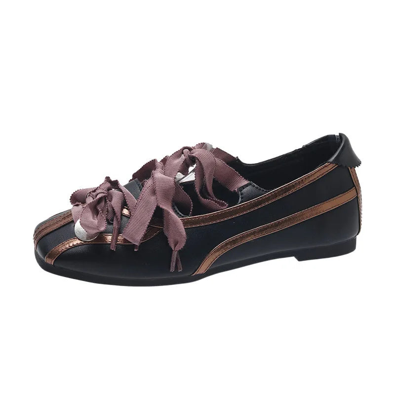 Mary Jane Ballet Flats Round Toe Low Heel Black Purple Lace-up Silver
