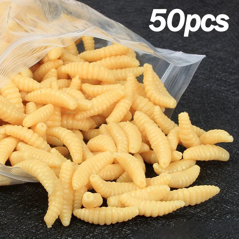 Silicone Maggot Grub Soft Fishing Lures – 50pcs Artificial Worms Soft Fishing Lure Zpaxo DY02-B