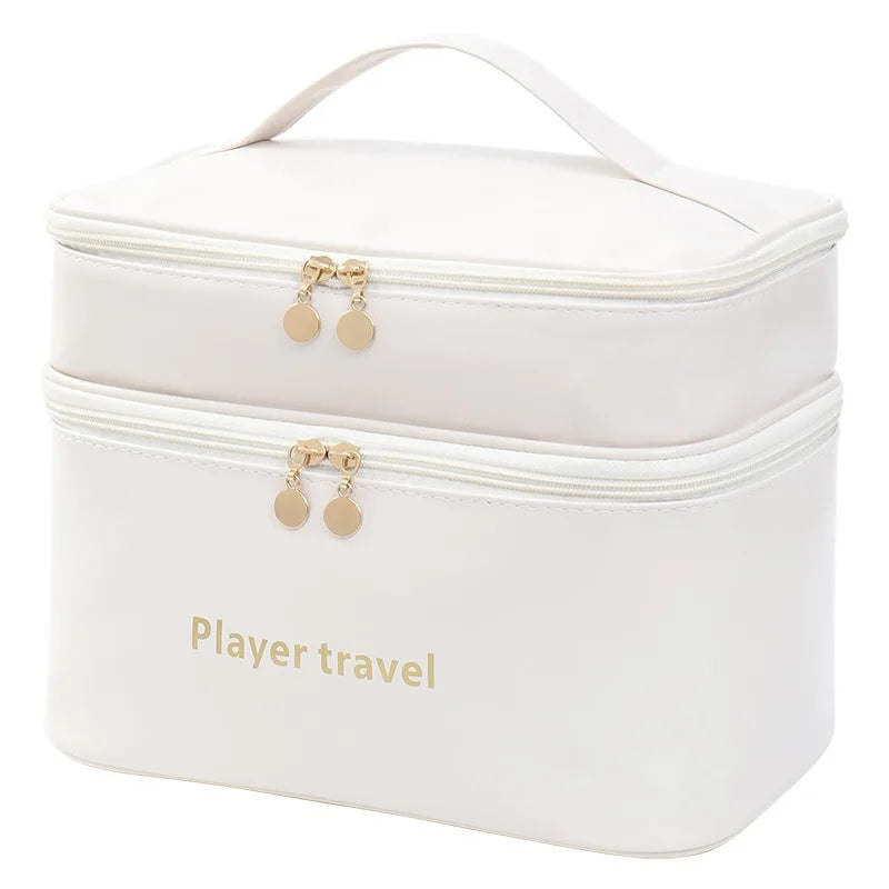 New Double Layered Portable Large Capacity Toiletry Bag Pu Waterproof Makeup Bag Travel Portable Toiletries Cosmetic Storage Bag Zpaxo