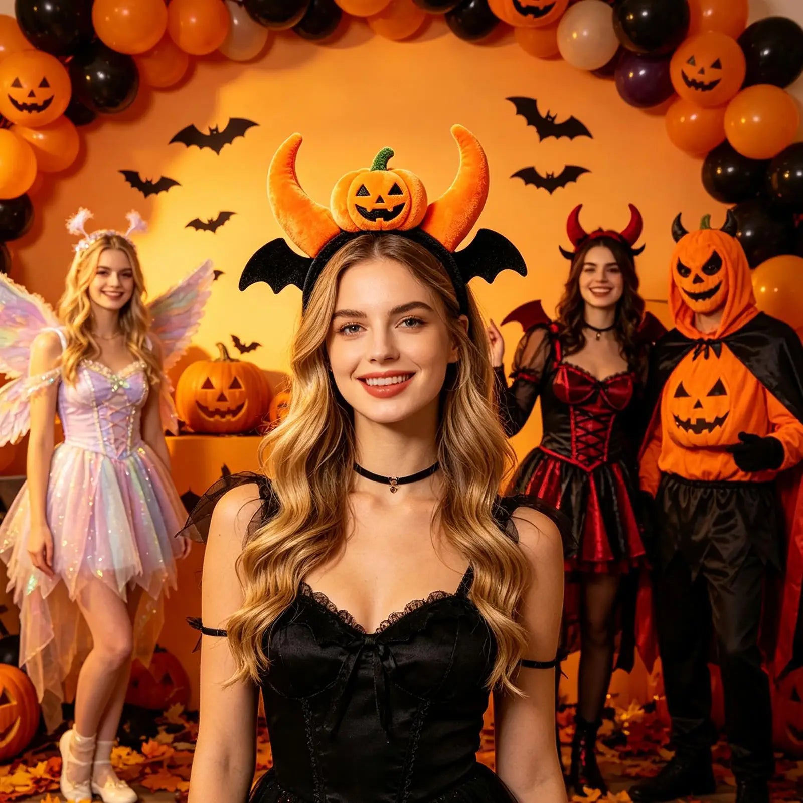 Pumpkin Headband Fuzzy Spooky Elastic Bat Wings Headpiece Hair Bands