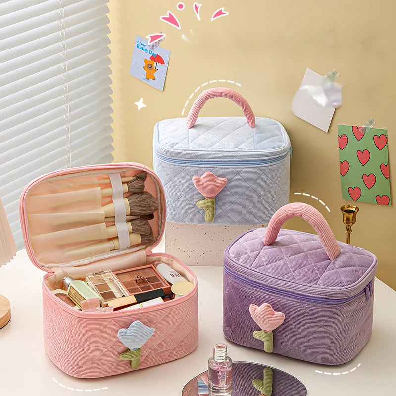 Cute Tulip Handheld Cosmetic Bag Women Large Capacity Portable