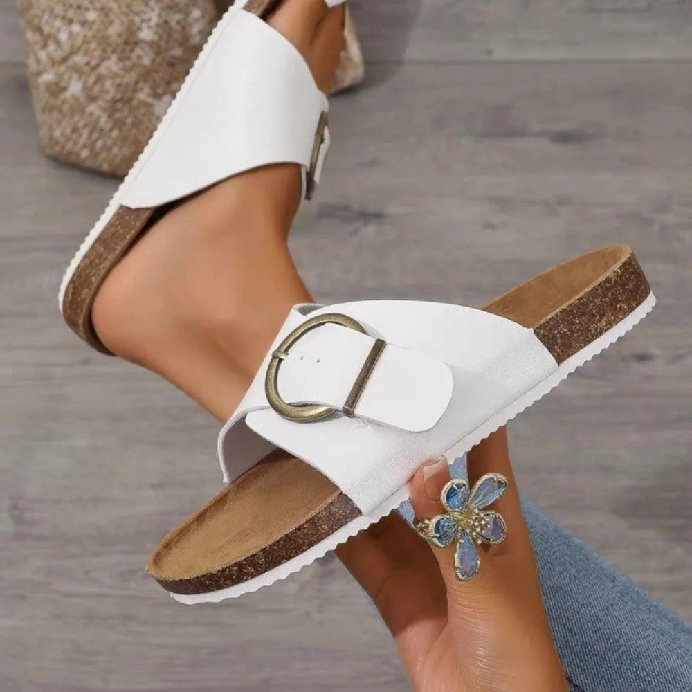 2026 Women's Cork Slippers Fashion Women Single Buckle Flip Flops
