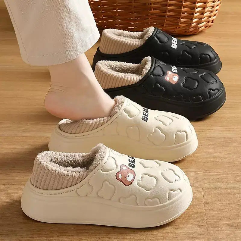 Cute Bear Waterproof Cotton Slippers Women Warm Lightweight Anti Slip